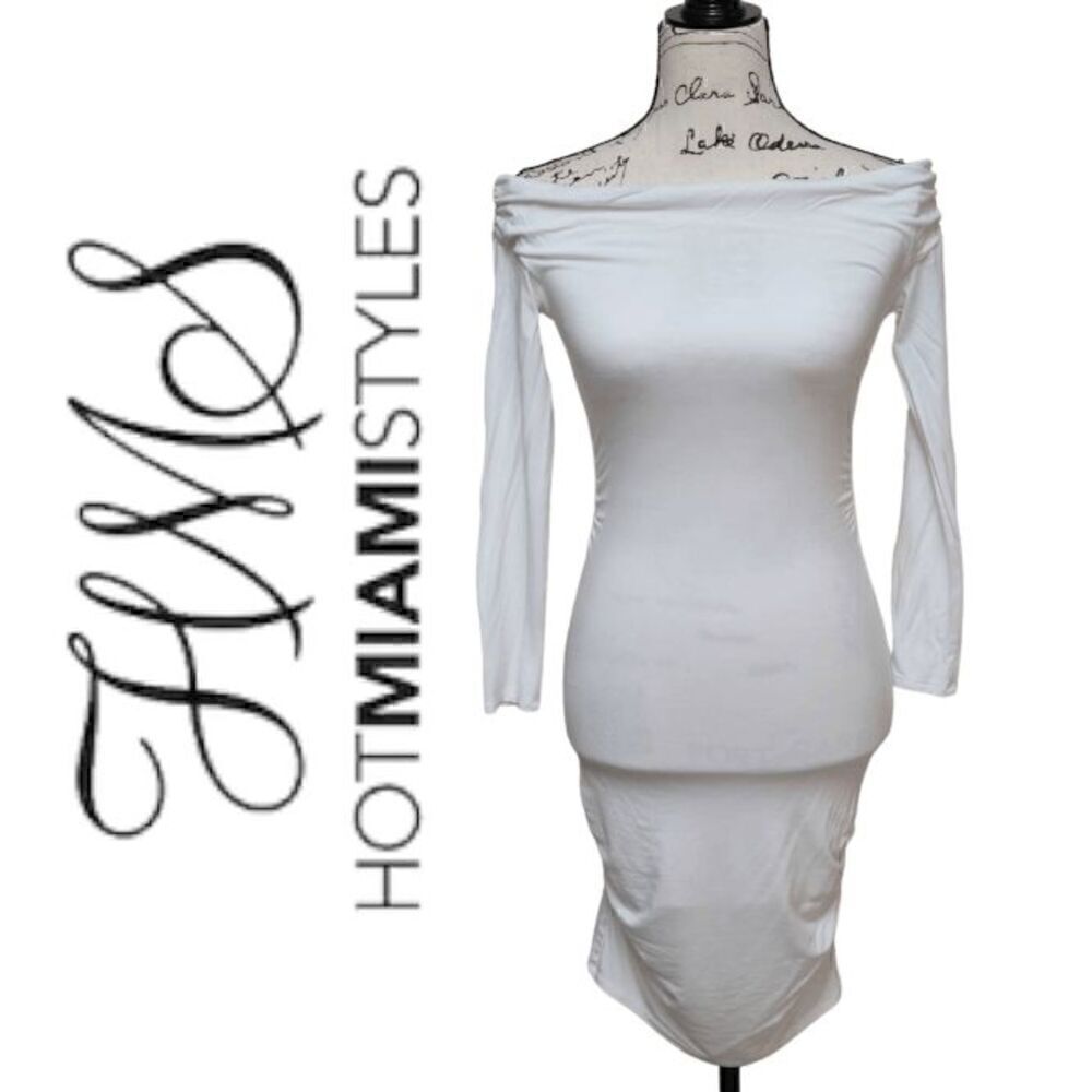 🤍 HOT MIAMI STYLES Off Shoulders Bodycon White Long Sleeve Dress SIZE XS
